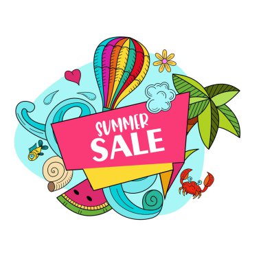 Yaz Satılık. Elle çizilmiş vektör çizim doodles. Tropikal meyve, balon, palmiye ağacı, rekreasyon Resort için aksesuarlar.