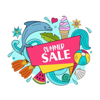 Yaz Satılık. Elle çizilmiş vektör çizim doodles. Sevimli yunus dalga deniz, dondurma, tatil beldesinde rahatlamak için aksesuarlar.