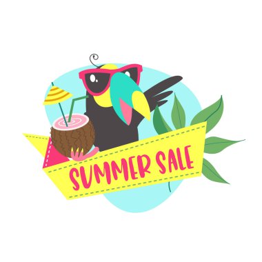 Yaz Satılık. Vektör çizim karikatür tarzı. Neşeli Toucan bir satış için davet ediyor.