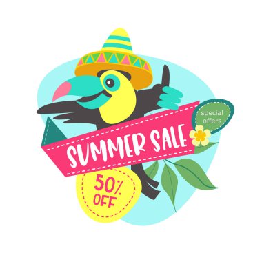 Yaz Satılık. Vektör çizim karikatür tarzı. Neşeli Toucan bir satış için davet ediyor.