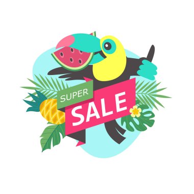 Yaz Satılık. Vektör çizim karikatür tarzı. Neşeli Toucan bir satış için davet ediyor.