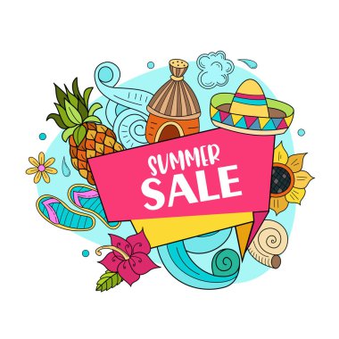 Yaz Satılık. Elle çizilmiş vektör çizim doodles. Tropik bir cennette bungalov tatil beldesinde rahatlamak için aksesuarlar.