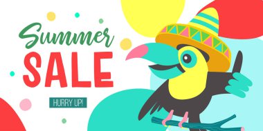 Yaz Satılık. Parlak renkli reklam afişi. Meksika şapka içinde neşeli Toucan bir satış için davet ediyor. Resimde çizgi film tarzı