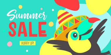 Yaz Satılık. Parlak renkli reklam afişi. Meksika şapka içinde neşeli Toucan bir satış için davet ediyor. Resimde çizgi film tarzı