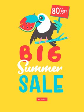 Yaz Satılık. Parlak renkli reklam afişi. Neşeli Toucan gagasında bir dilim karpuz tutar ve bir satış için davet ediyor. Resimde çizgi film tarzı.