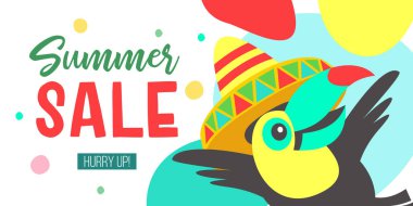 Yaz Satılık. Parlak renkli reklam afişi. Meksika şapka içinde neşeli Toucan bir satış için davet ediyor. Resimde çizgi film tarzı