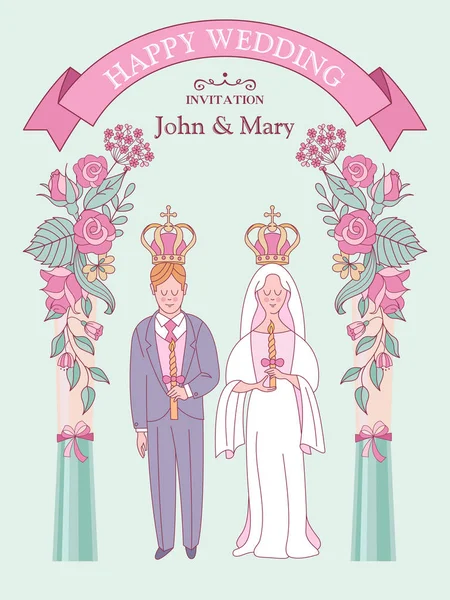 Düğün davetiyesi. Düğün kartı. Kilisede düğün. Gelin ve damat düğün taçlarında. Çiçek çerçeveleri. Vektör illüstrasyonu