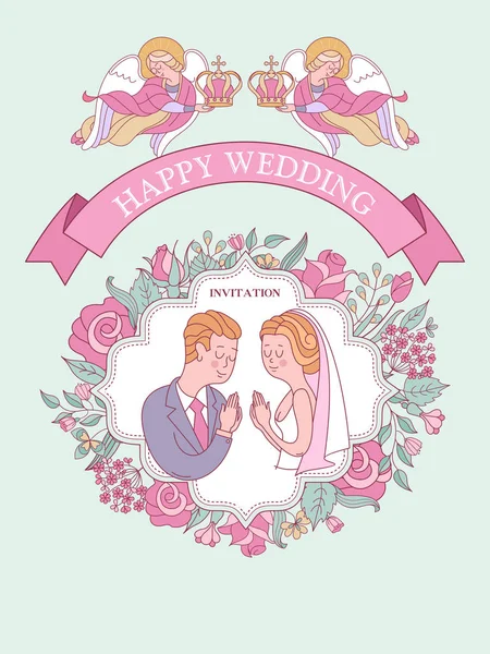 Düğün davetiyesi. Düğün kartı. Kilisede düğün töreni. Gelin ve damat düğün taçlarında. Çiçek çerçeveleri. Cennetin melekleri gelin ve damadın kafalarında düğün tacı taşıyorlar..