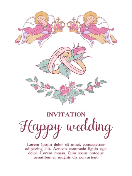 快乐的婚礼 婚礼请柬明信片两个天使拿着结婚王冠 金色的结婚戒指 婚礼在教堂 粉红色的花朵框架 矢量插图 — 图库矢量图片