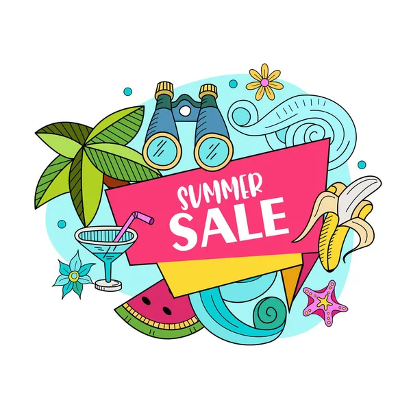 Yaz Satılık. Elle çizilmiş vektör çizim doodles. Tropikal meyve, palmiye ağaçları, rekreasyon Resort için aksesuarlar.