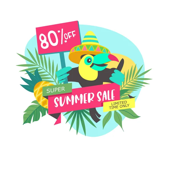 Yaz Satılık. Vektör çizim karikatür tarzı. Neşeli Toucan bir satış için davet ediyor.