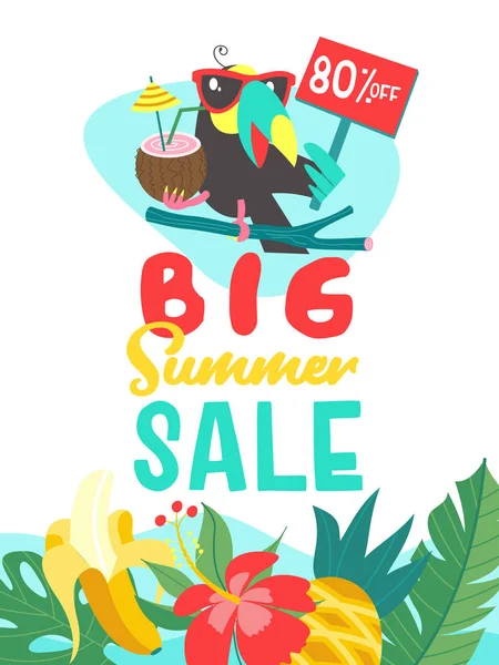 Yaz Satılık. Parlak renkli reklam afişi. Neşeli bir Toucan güneş gözlüklü bir Hindistan cevizi kokteyl tutar ve bir satış için davet ediyor. Resimde çizgi film tarzı.