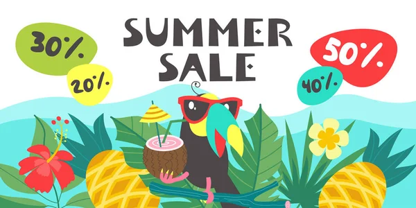 Yaz Satılık. Parlak renkli reklam afişi. Neşeli bir Toucan güneş gözlüklü bir Hindistan cevizi kokteyl tutar ve bir satış için davet ediyor. Resimde çizgi film tarzı.