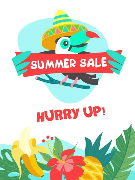 Yaz Satılık. Parlak renkli reklam afişi. Neşeli bir Toucan Meksika şapka içinde bir satış için bir davetiye ile bir poster tutar. Resimde çizgi film tarzı.