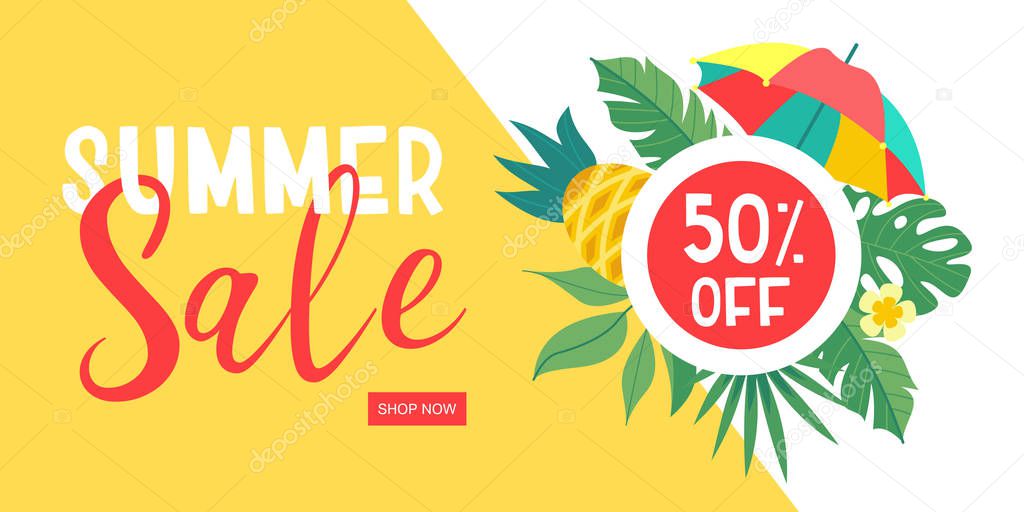 Bright vector illustration. Summer sale. Bright umbrella, tropical leaves, flowers and pineapple. Discounts on everything.