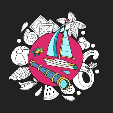 Çizgi film el çekilmiş poster bireysel elemanlarından oluşan. Yaz, dinlenme, deniz, dinlenme. Vektör çizim. Elle çizilmiş vektör Doodle. Siyah bir arka plan illüstrasyon.