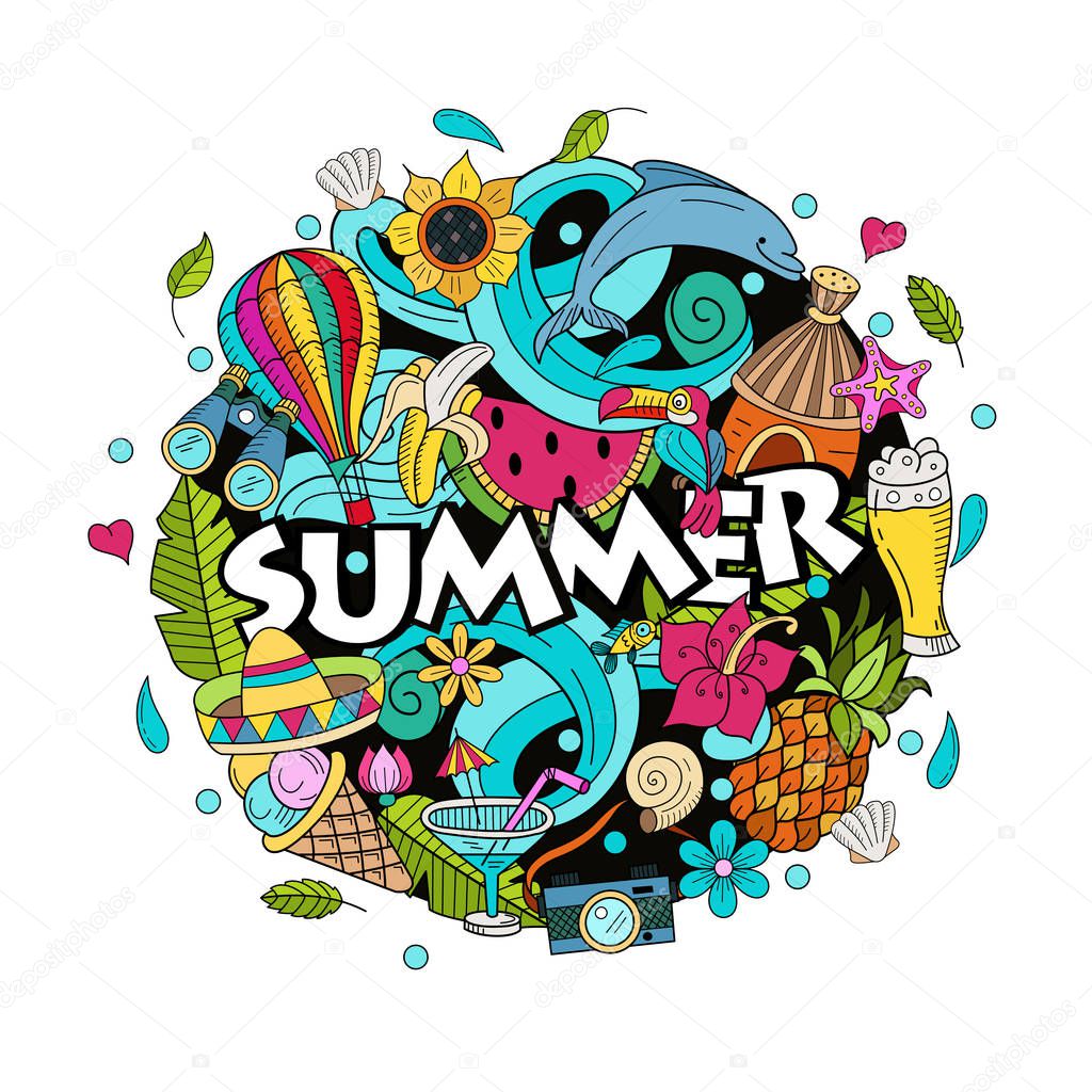Cartoon hand drawn poster consisting of individual elements. Summer, rest, sea, rest. Vector illustration. Hand drawn vector Doodle. Illustration on white background.