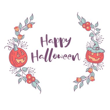 Cadılar Bayramınız Kutlu Olsun. Vektör çizim, davet, illüstrasyon. Çiçek çelenk ve Turuncu kabak ile güzel bir kart.