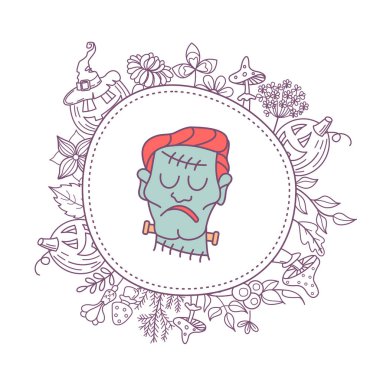 Cadılar Bayramınız Kutlu Olsun. Vektör çizim, davet. Kabak ile güzel kartpostal. Çelenk çiçek, mantar, yaprakları ve kabak. Kompozisyon ortasına Frankenstein s başıdır.