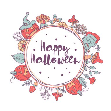 Cadılar Bayramınız Kutlu Olsun. Vektör çizim, davet. Bir çelenk Turuncu kabak, mantar, çiçekler, yapraklar, şube ve Frankenstein bir kafa ile güzel kartpostal.