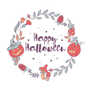 Cadılar Bayramınız Kutlu Olsun. Vektör çizim, davet. Güzel kartpostal ile bir çelenk Turuncu kabak, mantar, çiçek, yaprak, dalları.