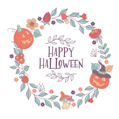Cadılar Bayramınız Kutlu Olsun. Vektör çizim, davet. Yazıt turuncu neşeli Festival kabaklar bir şapka, dal, çiçek, mantar, çilek bir çelenk tarafından çerçeveli.