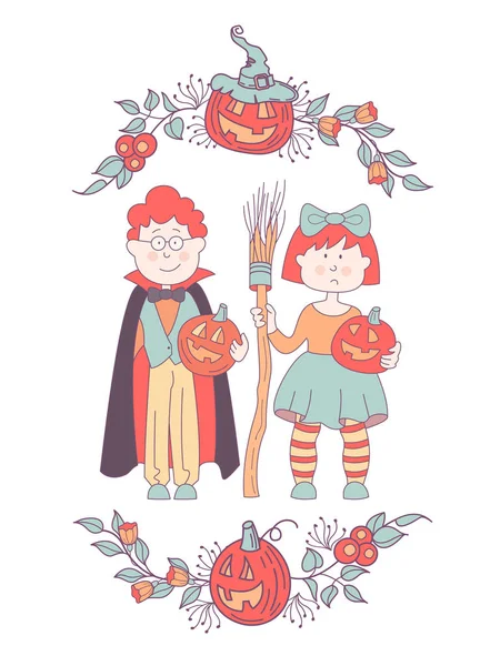 Fröhliches Halloween Vektor Illustration Einladung Schöne Karte Mit Zwei Kindern — Stockvektor