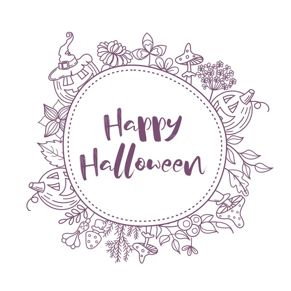 Happy Halloween Vector Illustration Invitation Beautiful Postcard Pumpkins Wreath Flowers — Stock Vector
