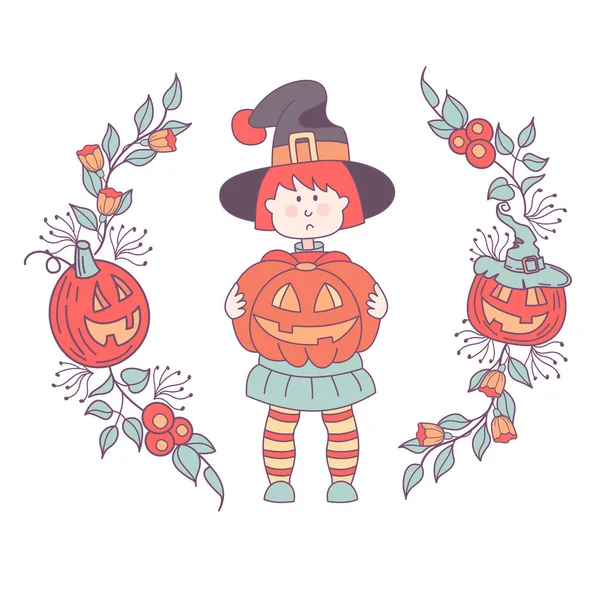 Happy Halloween Vector Illustration Invitation Girl Witch Costume Pumpkin Her — Stock Vector