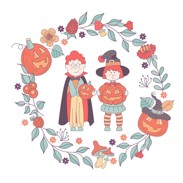 Fröhliches Halloween Vektor Illustration Einladung Schöne Karte Mit Zwei Kindern — Stockvektor