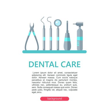 Diş Bakımı. El ilanları ve broşürler diş hekimliği tasarımı için bir şablon. Metin için yer ile. Vektör diş araç kümesi.