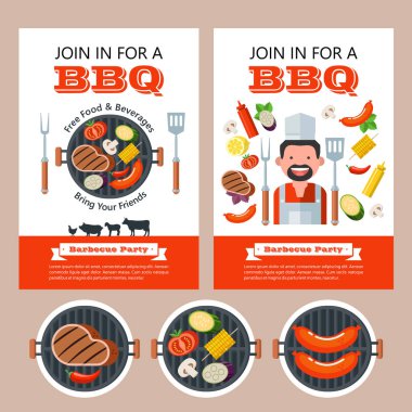 Barbekü partisi. Metin için yer ile renkli davet. Vektör çizim. Izgara lezzetli biftek, mantar, domates, Mısır, sosis, kabak ve patlıcan. Dizi vektör Barbekü Amblemler. Şirin şef. Çiftlik hayvanları siluetleri kümesi. İnek, domuz, lam