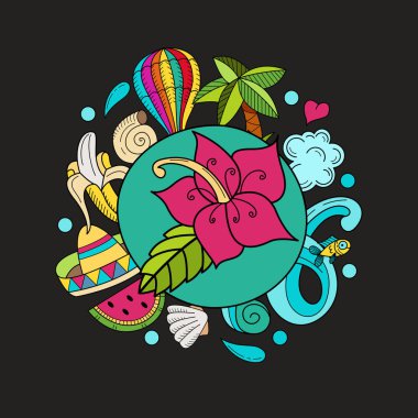 Elle çizilmiş Doodle yaz tatil poster tasarım şablonu karikatür. Çok detaylı, tek tek öğeleri bir sürü ile. Tüm öğeleri izole edilmiştir.