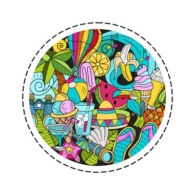 Elle çizilmiş Doodle yaz tatil poster tasarım şablonu karikatür. Çok detaylı, tek tek öğeleri bir sürü ile. Tüm öğeleri izole edilmiştir.