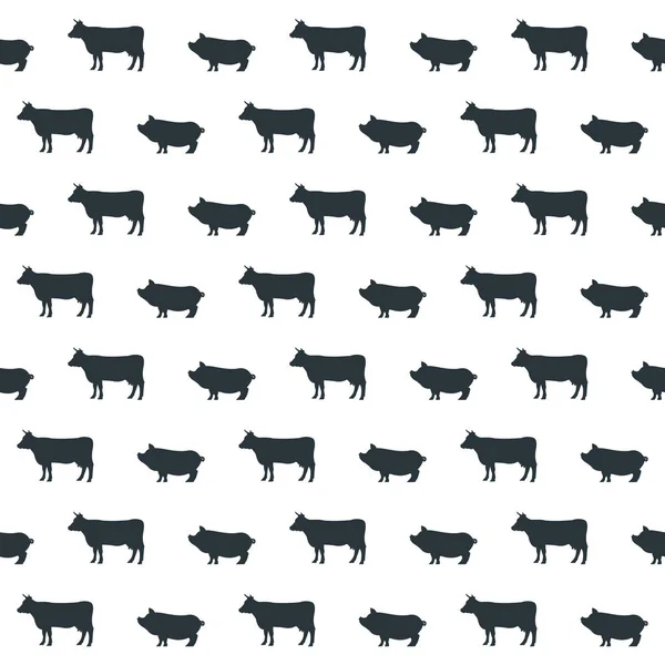 Patrón Sin Costuras Sobre Fondo Blanco Siluetas Negras Vacas Cerdos — Vector de stock