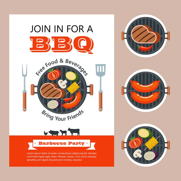 Festa Barbecue Invito Colorato Con Spazio Testo Illustrazione Vettoriale Bistecca — Vettoriale Stock