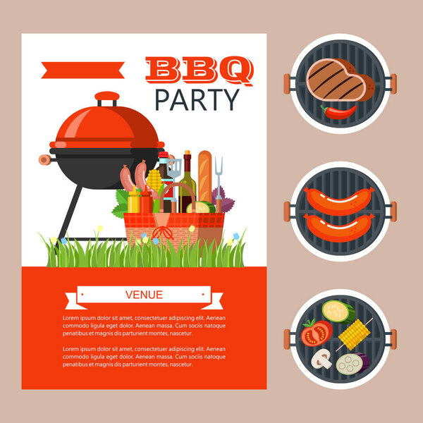 Barbecue party. Colorful invitation with space for text. Vector illustration. Grilled delicious sausages, steak, vegetables, corn, mushrooms. BBQ emblem set. Picnic basket with food and drinks.