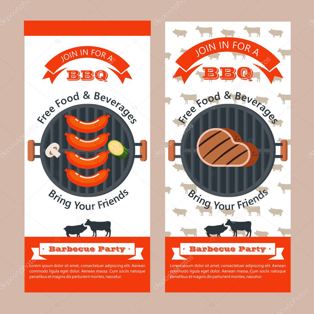 Barbecue party. Colorful invitation with space for text. Vector illustration. Grilled delicious steak, vegetables and sausages. Set of vector BBQ emblems. Set of silhouettes of farm animals, cow, pig, chicken, lamb.