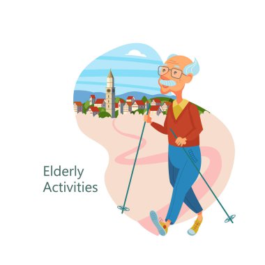 Yaşlı bir adam Nordic walking nişanlı. Dedesi sağlıklı bir yaşam tarzı olur. Spor ve yürüyüş için giriyor. Vektör çizim.