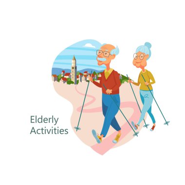 Yaşlı insanlar Nordic walking nişanlandık. Büyükbaba ve Büyükanne sağlıklı bir yaşam tarzı yol açar. Spor ve yürüyüş nişanlandı. Vektör çizim.