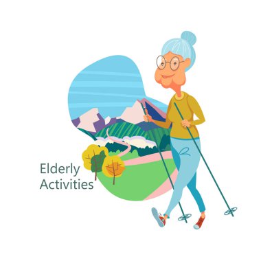 Yaşlı bir kadın Nordic walking devreye girer. Büyükanne sağlıklı bir yaşam tarzı olur. Spor ve yürüyüş için giriyor. Vektör çizim.