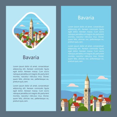 Bavyera, Almanya. Güzel manzaralar, Bavyera geleneksel mimarisi. Kaleler, köyler, şehirler, dağlar, alanları. Kartpostallar, logo, amblem için metin alanı ile.