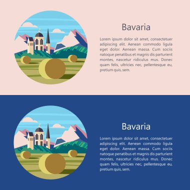 Bavyera, Almanya. Güzel manzaralar, Bavyera geleneksel mimarisi. Kaleler, köyler, şehirler, dağlar, alanları. Kartpostallar, logo, amblem için metin alanı ile.