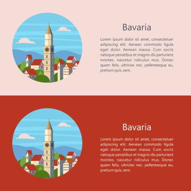 Bavyera, Almanya. Güzel manzaralar, Bavyera geleneksel mimarisi. Kaleler, köyler, şehirler, dağlar, alanları. Kartpostallar, logo, amblem için metin alanı ile.