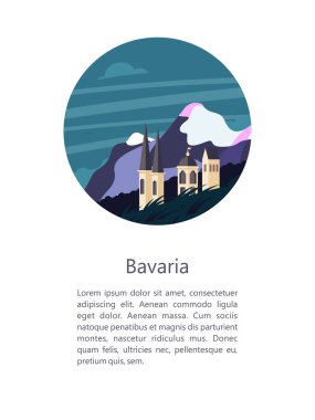 Bavyera, Almanya. Güzel manzaralar, Bavyera geleneksel mimarisi. Kaleler, köyler, şehirler, dağlar, alanları. Kartpostallar, logo, amblem için metin alanı ile.