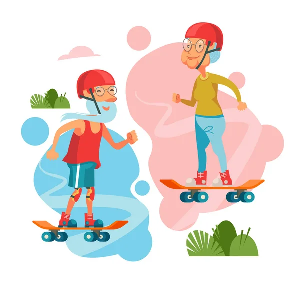 Bunicii Merg Skateboard Pensionarul Este Stil Viață Activ Sănătos Ilustrație — Vector de stoc