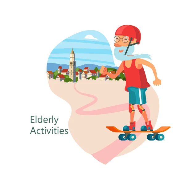 Bunicul Face Skateboarding Pensionarul Conduce Stil Viață Sănătos Sport Ilustrație — Vector de stoc