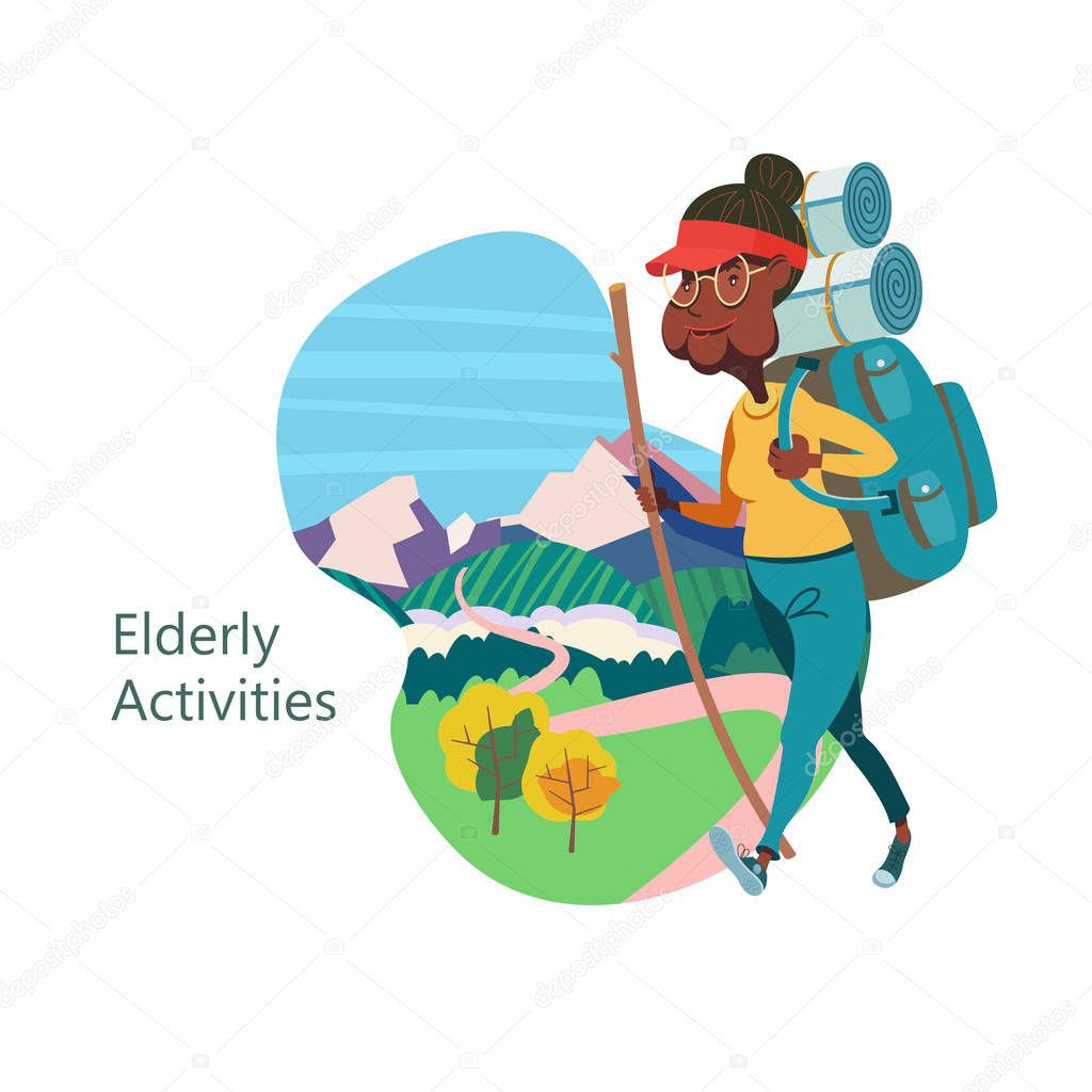 An elderly woman with a backpack walking for a walk.  Grandmother leads a healthy lifestyle. She goes in for sports and Hiking. Vector illustration.