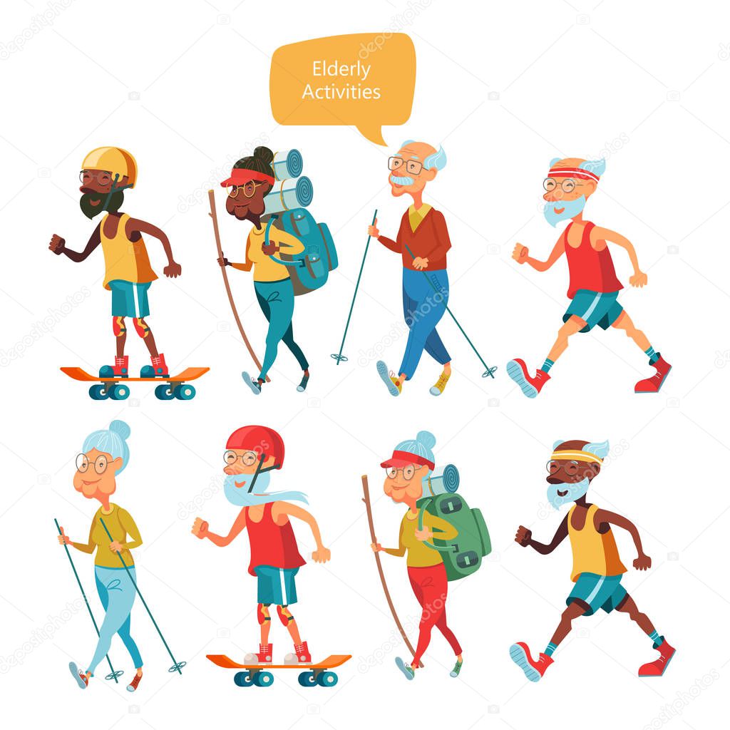 Elderly people, grandparents lead a healthy lifestyle. They are engaged in sports, sports walking, running, tourism, Nordic walking. A set of characters of elderly people. Vector illustration isolated on white background.
