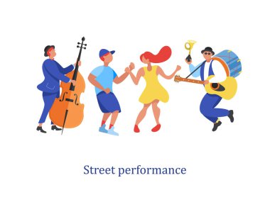 Sokak performansı. Sokak müzisyeni. Adam grup gitar, davul ve trompet çalar. Kontrbas oynayan adam. Vektör çizim.